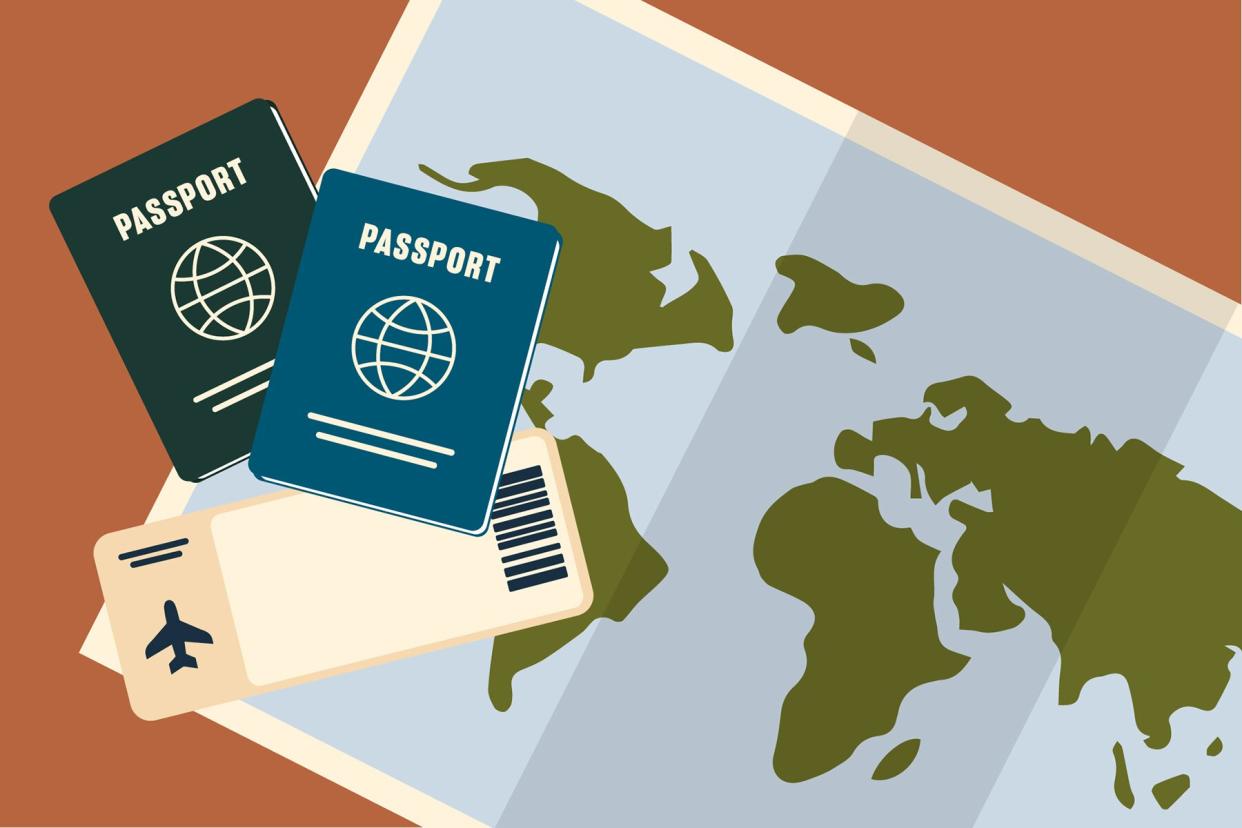 illustration of passports on an open world map with a blank airplane ticket