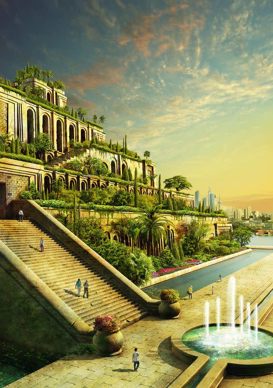 Jardines colgantes de Babilonia. Ilustración de Evgeny Kazantsev, vía Pinterest. Ilustración de Evgeny Kazantsev, vía Pinterest