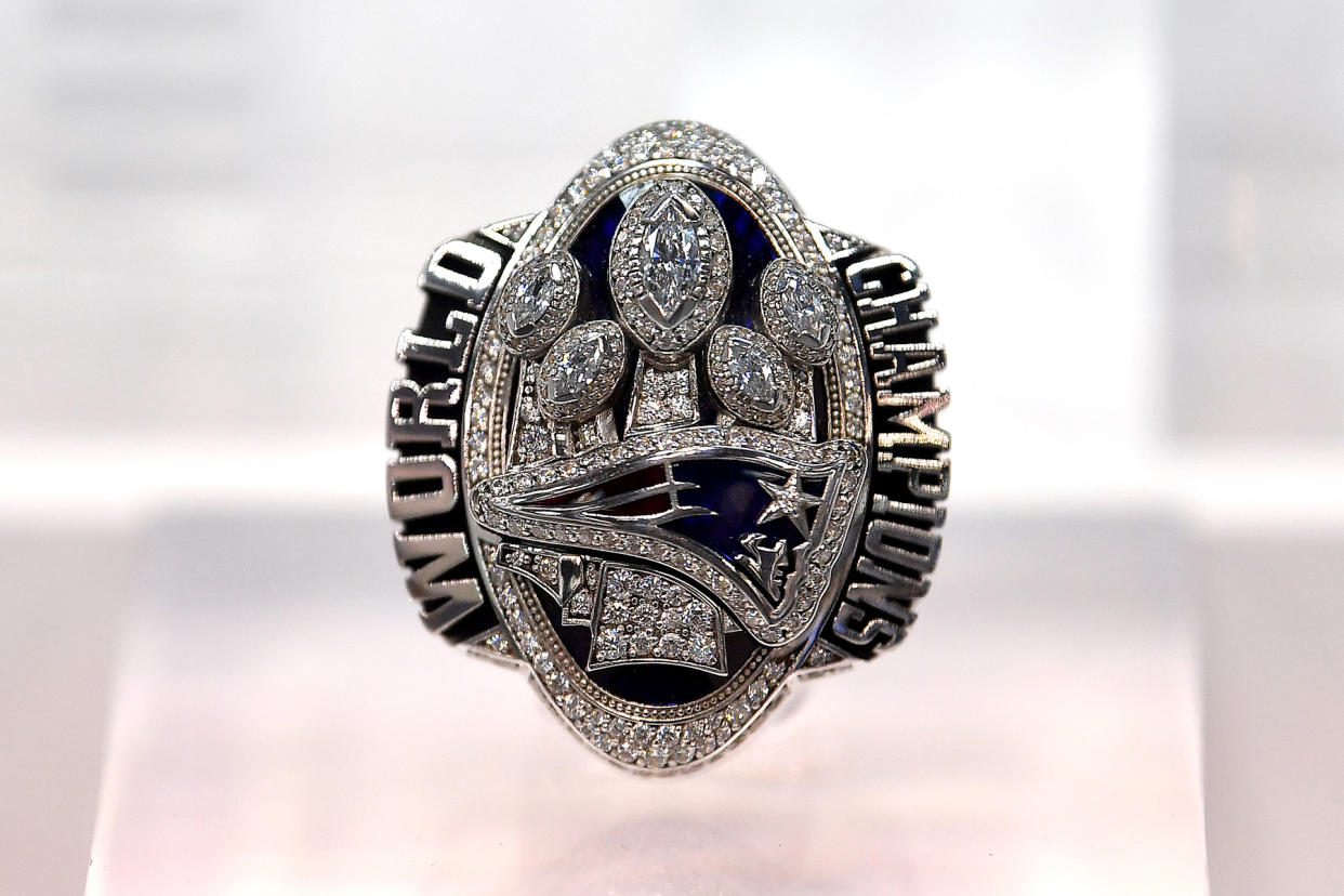 INDIANAPOLIS, INDIANA - FEBRUARY 26: A general view of the 2016 New England Patriots Super Bowl Ring during the second day of the 2020 NFL Scouting Combine at Lucas Oil Stadium on February 26, 2020 in Indianapolis, Indiana.