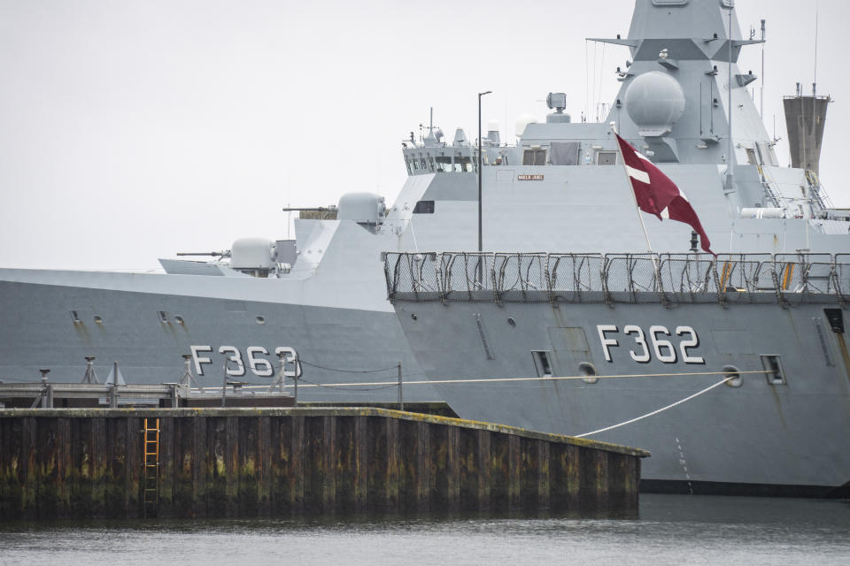 The Danish naval frigate F363 Niels Juel is docked in Korsoer, Denmark, on Thursday, April 4, 2024. A technical error on a navy missile Thursday spurred Danish authorities to issue a warning, saying there was a risk the missile could launch unintentionally — but not explode — resulting in fragments falling in Denmark waters. (Emil Nicolai Helms/Ritzau Scanpix via AP)