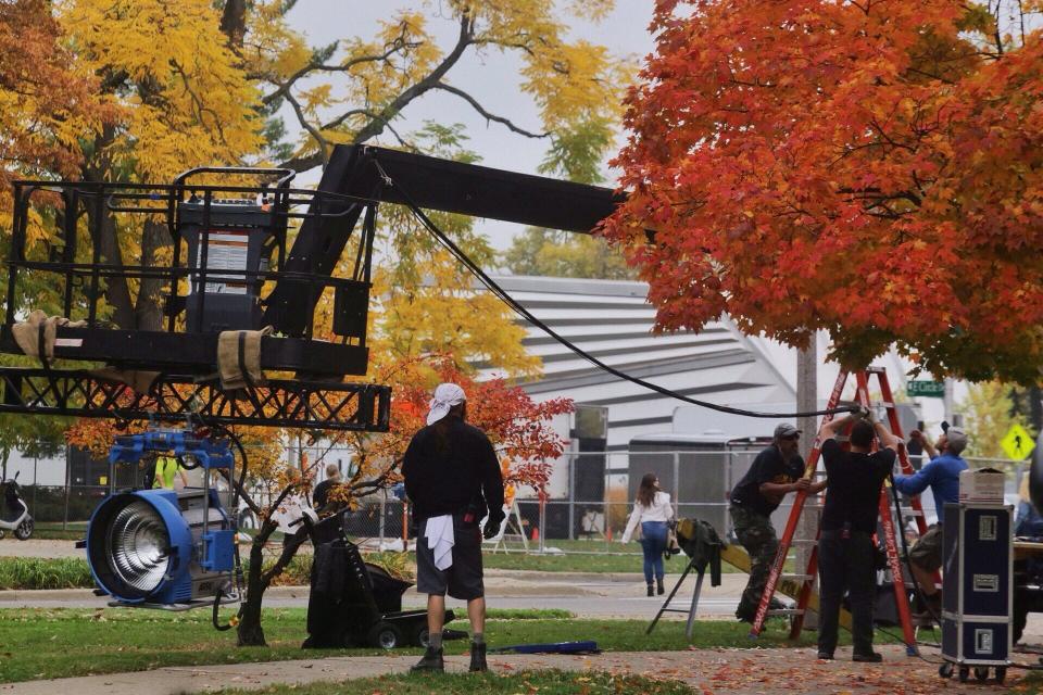 A crew sets up at Michigan State University to film "Batman v. Superman" scenes.