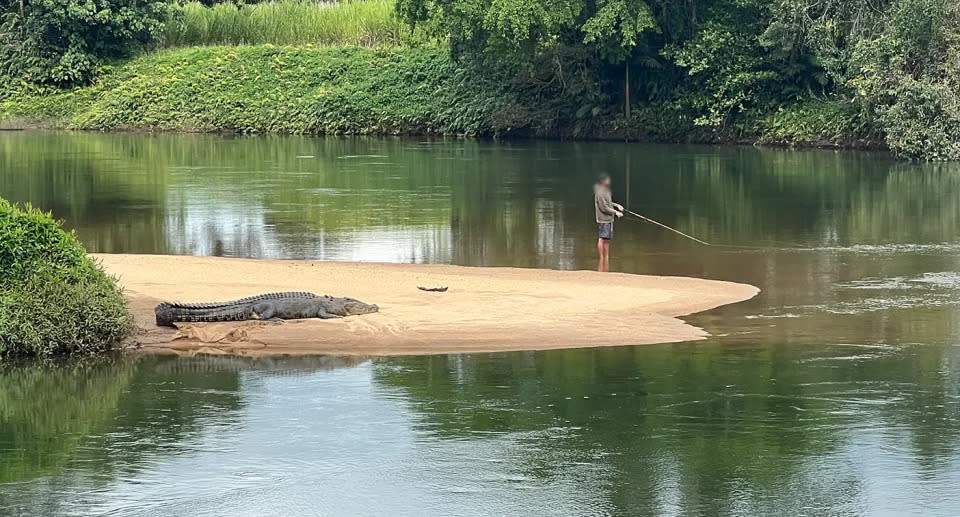 Ein Mann in Far North Queensland wurde nur wenige Meter entfernt von einem riesigen männlichen Krokodil beim Angeln gefilmt. Quelle: Tez Blackmore
