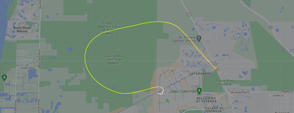 Flight path, courtesy of FlightRadar24, of plane making emergency landing in a Cape Coral neighborhood on Feb. 24, 2024 after taking off from a North Fort Myers strip.