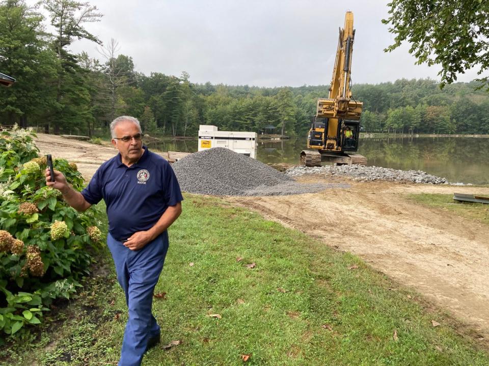 Leominster Mayor Dean Mazzarella on Wednesday morning, as crews work to fix damaged Barrett Park Pond Dam.