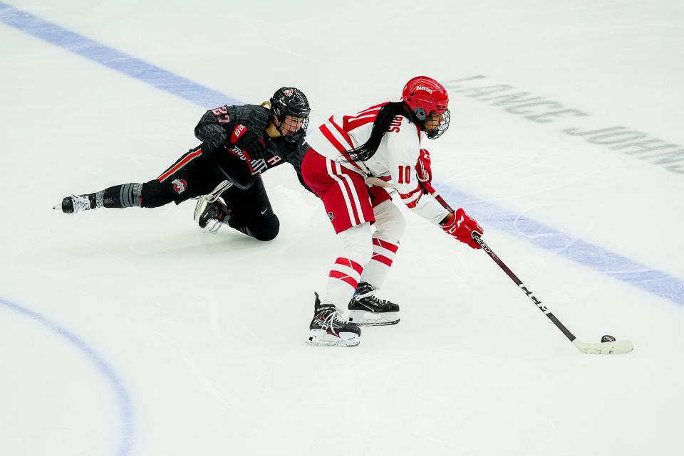 UW's Laila Edwards, shown earlier this season against Ohio State, had her fourth multi-point game of the season last weekend.