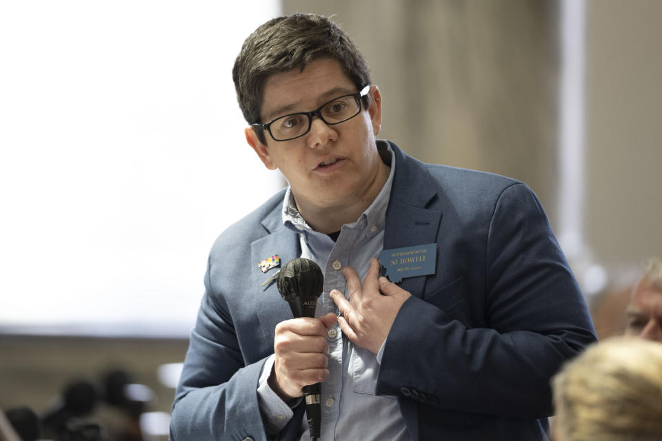 CORRECTS TO DISCIPLINE, NOT CENSURE - Rep. SJ Howell speaks on the House floor during a motion to discipline Rep. Zooey Zephyr at the Montana State Capitol in Helena, Mont., on Wednesday, April 26, 2023. (AP Photo/Tommy Martino)