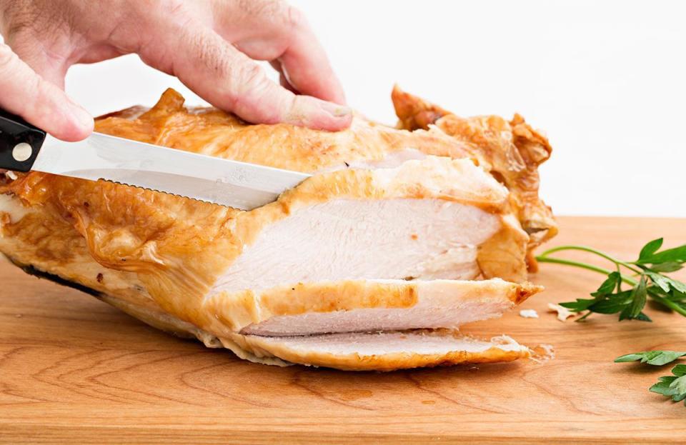 <p>To carve a turkey breast correctly, first remove the breast from the bone, carving as close to the carcass as possible. To avoid shredding your meat, cut across the grain, straight down. This will lead to picturesque, even medallions.</p>