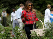 <p>Melania's casual flannel look was perfect for vegetable picking at her event in the White House Kitchen Garden.</p>