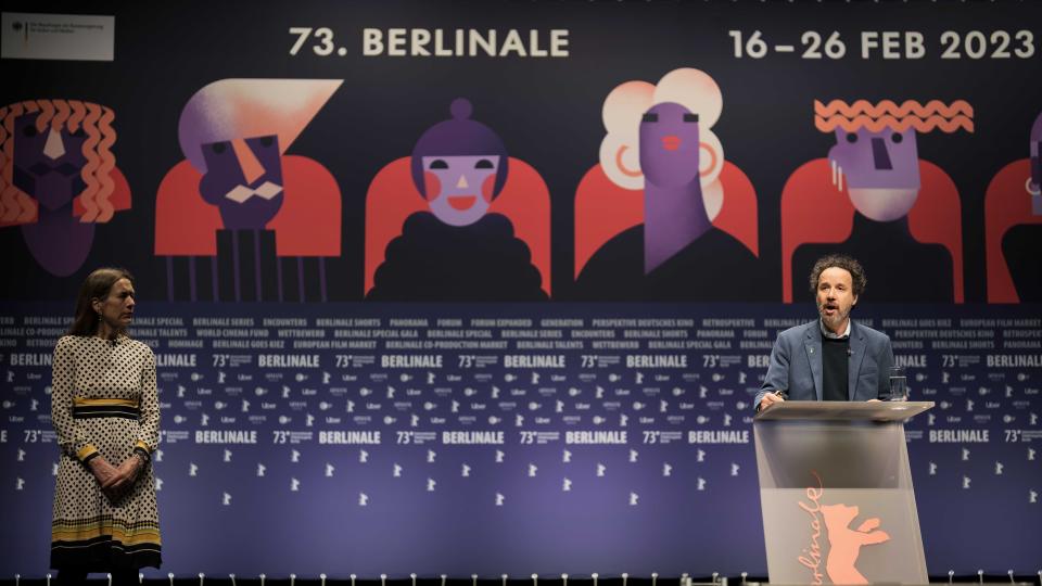 Artistic director Carlo Chatrian, right, and managing director Mariette Rissenbeek, of the International Berlin Film Festival, brief the media during a news conference in Berlin, Germany, Monday, Jan. 23, 2023. The 73. Berlin Film Festival Berlinale take place in the German capital from Feb. 16, until Feb. 26, 2023. (AP Photo/Markus Schreiber)