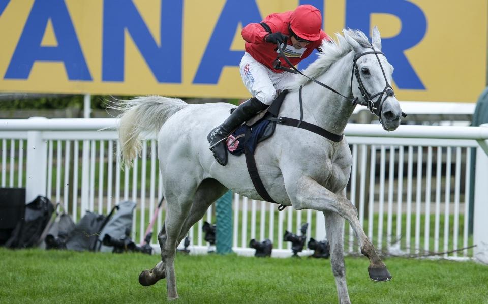 Harry Skelton riding Grey Dawning clear the last to win The Turners Novices' Chase