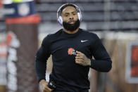 Cleveland Browns wide receiver Odell Beckham Jr. warms up before an NFL football game against the Denver Broncos, Thursday, Oct. 21, 2021, in Cleveland. (AP Photo/Ron Schwane)