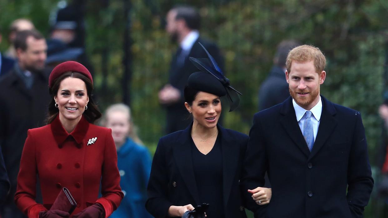 kings lynn, england december 25 l r catherine, duchess of cambridge, meghan, duchess of sussex and prince harry, duke of sussex arrive to attend christmas day church service at church of st mary magdalene on the sandringham estate on december 25, 2018 in kings lynn, england photo by stephen pondgetty images