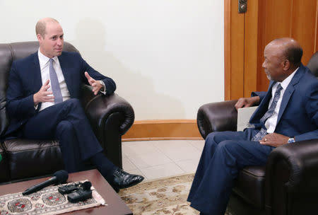 Britain's Prince William talks with Namibia's Vice President Nangolo Mbumba during their meeting in Windhoek, Namibia September 24, 2018. REUTERS/Mike Hutchings?