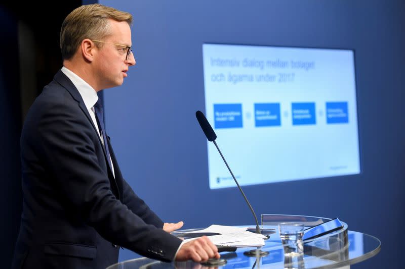 Sweden's Minister for Enterprise and Innovation Mikael Damberg speaks during a news conference in Stockholm