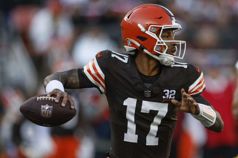 Cleveland Browns quarterback Dorian Thompson-Robinson (17) works in the pocket against the Pittsburgh Steelers during the second half of an NFL football game, Sunday, Nov. 19, 2023, in Cleveland. (AP Photo/Ron Schwane)