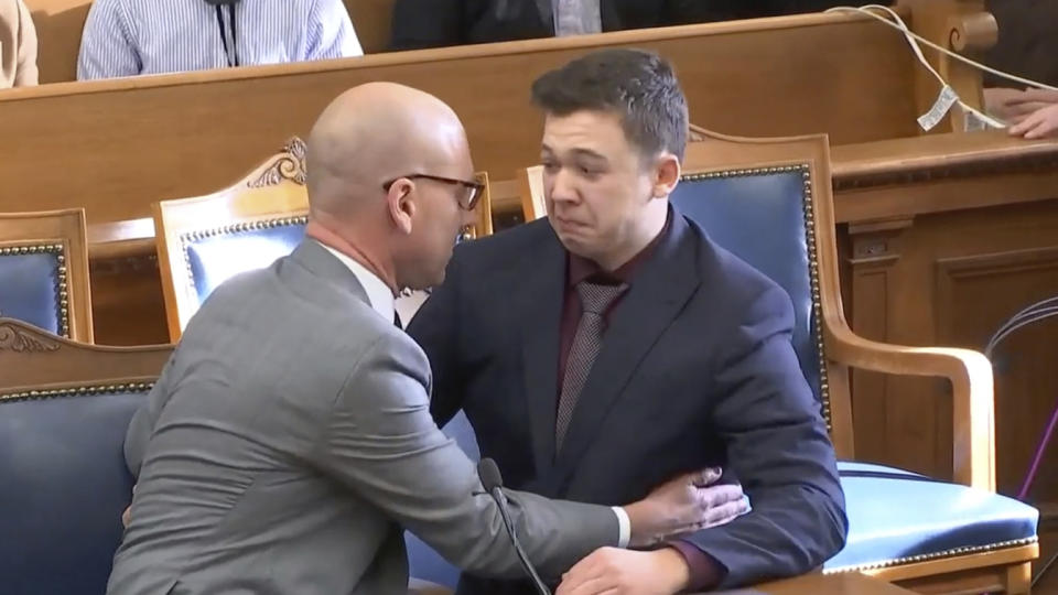 Kyle Rittenhouse is comforted by his lawyer at the Kenosha County Courthouse in Kenosha, Wis. The jury came back with its verdict after close to 3 1/2 days of deliberation. Rittenhouse was acquitted of all charges stemming from the shooting of three people during a racial protest in Kenosha in 2020.