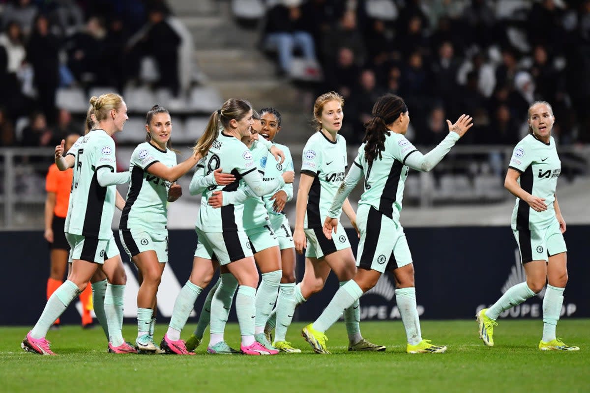 Maren Mjelde celebrates with teammates after scoring Chelsea's fourth goal  (Getty Images)