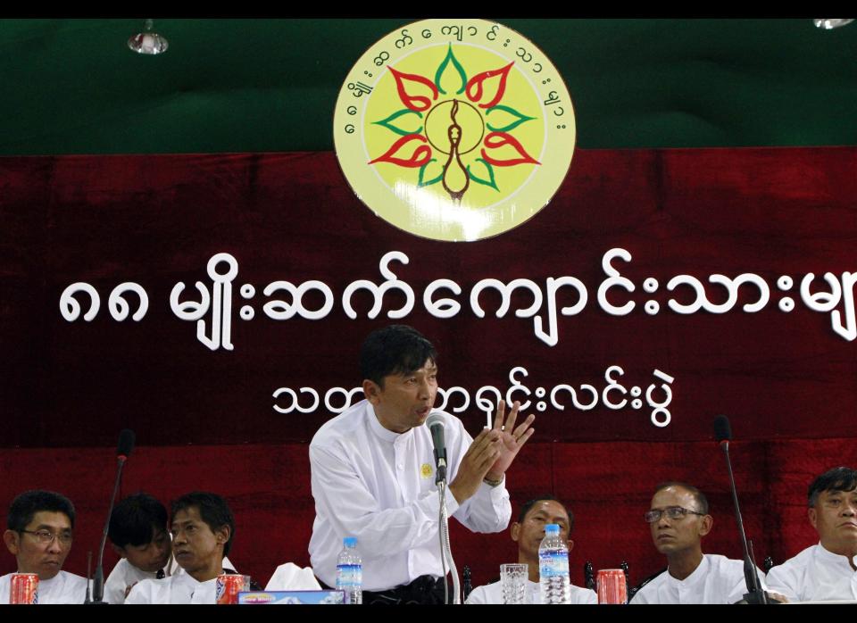 Min Ko Naing, a leader of the 88 Generation Students Group, speaks during a press conference at a shopping mall on Saturday, Jan. 21, 2012, in Yangon, Myanmar. The nearly legendary student leader from Myanmar's failed 1988 pro-democracy uprising was freed on Jan. 13 as part of a presidential pardon for 651 detainees. (AP Photo/Khin Maung Win)