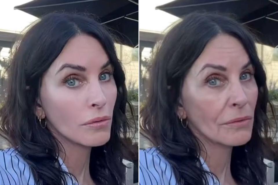 <p>Courtney Cox/TikTok</p> Courteney Cox tries out the TikTok aging app