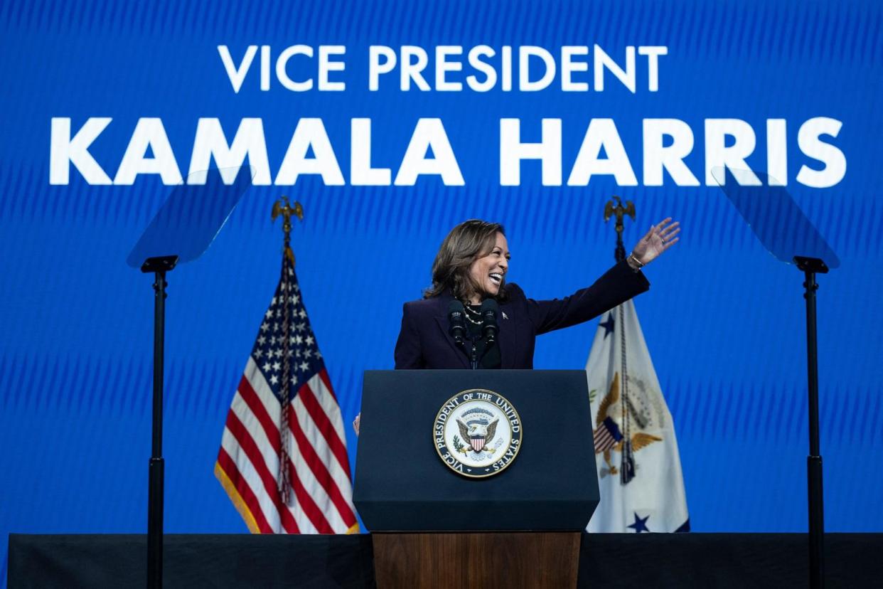 PHOTO: Vice President Kamala Harris delivers the keynote speech at the American Federation of Teachers' 88th National Convention in Houston, July 25, 2024. (Brendan Smialowski/AFP via Getty Images)