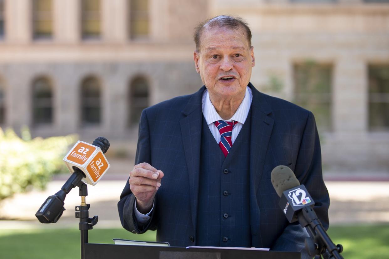 Tom Horne, onetime Arizona attorney general, announces his bid for Arizona superintendent of public instruction at the state Capitol in Phoenix on May 13, 2021. Horne also was Arizona schools chief from 2003 to 2011.