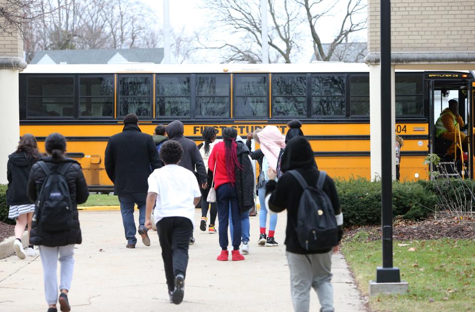 Students are dismissed to the buses following classes Thursday, Dec. 15, 2022, at Navarre Middle School in South Bend. Navarre is in the South Bend school district's Empowerment Zone.