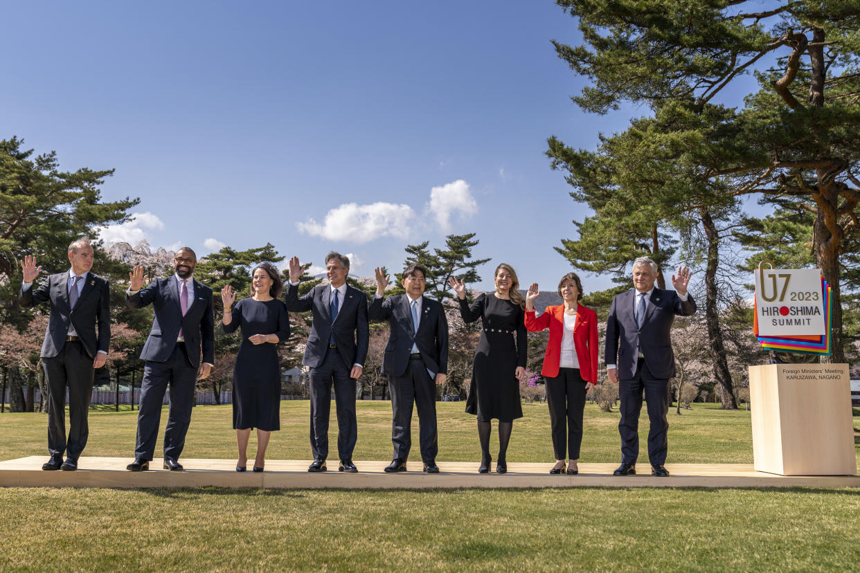 FILE - From left, European Union Deputy Secretary General and Political Director of the European External Action Service Enrique Mora, British Foreign Secretary James Cleverly, German Foreign Minister Annalena Baerbock, U.S. Secretary of State Antony Blinken, Japan's Foreign Minister Yoshimasa Hayashi, Canada's Foreign Minister Melanie Joly, France's Foreign Minister Catherine Colonna and Italy's Foreign Minister Antonio Tajani pose for a photo during the G7 Foreign Ministers' Meeting at The Prince Karuizawa hotel in Karuizawa, Japan, Monday, April 17, 2023. (AP Photo/Andrew Harnik, Pool, File)