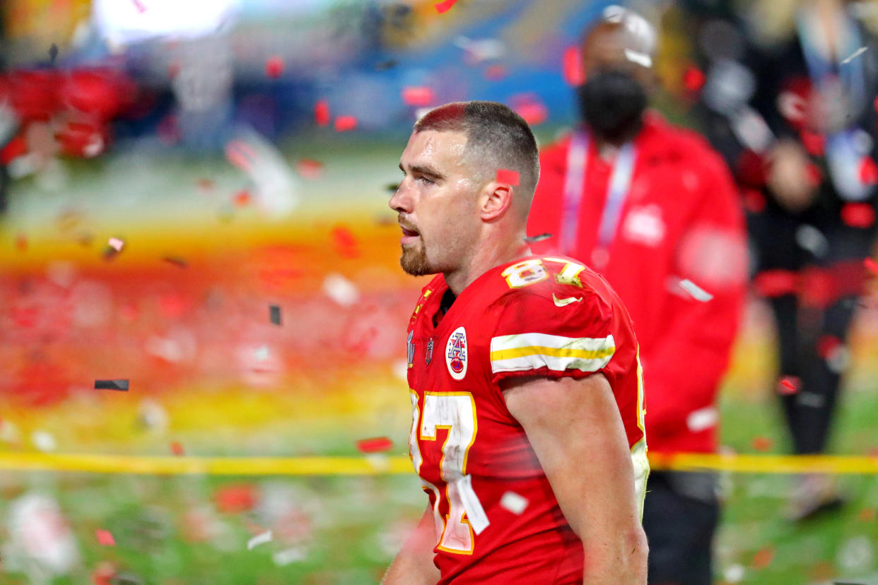 Feb 7, 2021; Tampa, FL, USA;  Kansas City Chiefs tight end Travis Kelce (87) reacts after loosing to the Tampa Bay Buccaneers in Super Bowl LV at Raymond James Stadium.  Mandatory Credit: Mark J. Rebilas-USA TODAY Sports