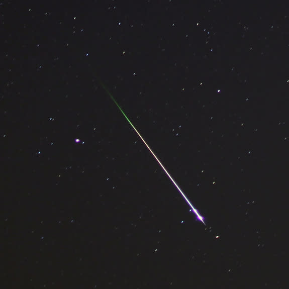 Night sky photographer Mike Hankey of Freeland, Md., captured this dazzling Leonid meteor on Nov. 17, 2012, during the peak of the annual Leonid meteor shower. <br> <a href="http://bit.ly/leonid-meteor-shower-2012-flickr" rel="nofollow noopener" target="_blank" data-ylk="slk:More photos of Leonid Meteor Shower on Flickr;elm:context_link;itc:0;sec:content-canvas" class="link ">More photos of Leonid Meteor Shower on Flickr</a>