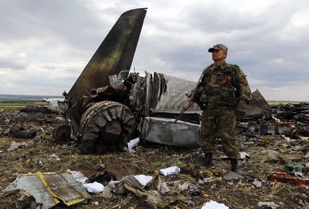 An armed pro-Russian separatist stands guard at the site of the crash of the Il-76 Ukrainian army transport plane in Luhansk, June 14, 2014.REUTERS/Shamil Zhumatov