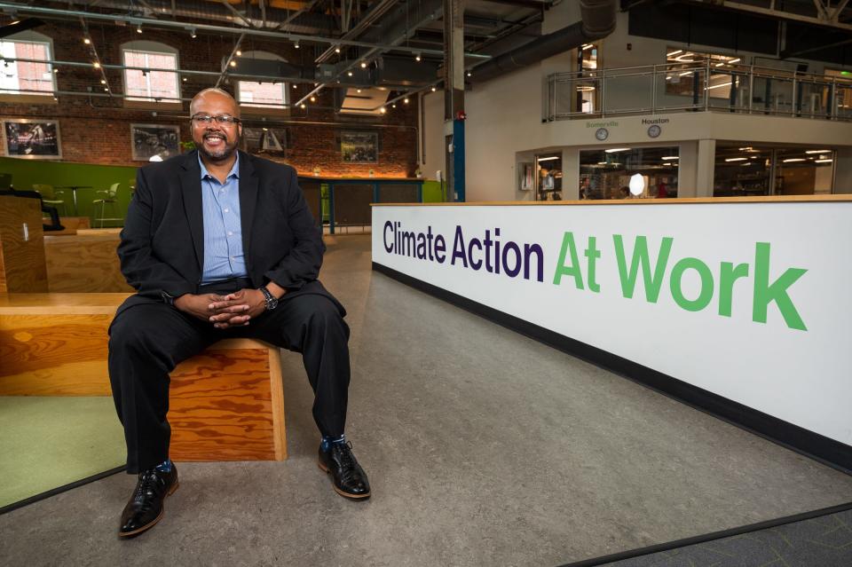 Kerry Bowie, managing director and founder of Browning the Green Space, an organization working to increase Black and brown leadership and participation in New England's growing clean energy sector, poses for a photo inside Greentowns Labs in Somerville on June 27.