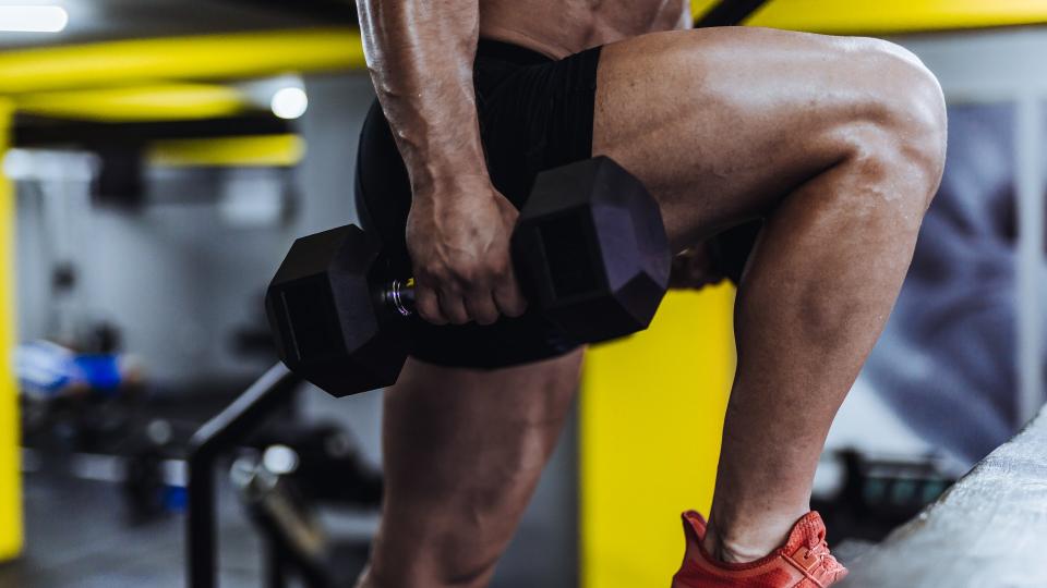 Person performing a dumbbell leg workout stepping up onto a box with a dumbbell in hand