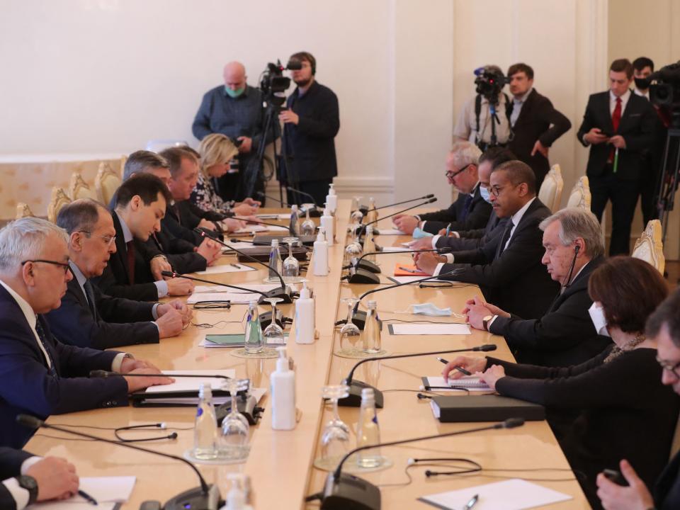 Russian foreign minister Sergei Lavrov meets with UN secretary-general Antonio Guterres in Moscow (POOL/AFP via Getty Images)