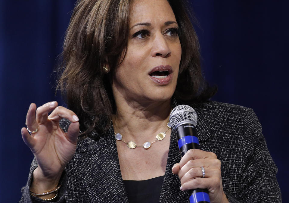 Democratic presidential candidate Sen. Kamala Harris, D-Calif., speaks during a gun safety forum Wednesday, Oct. 2, 2019, in Las Vegas. (AP Photo/John Locher)