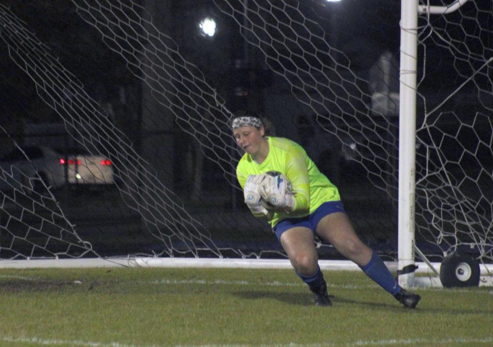 Stanton goalkeeper Savannah Yerger (1) saves a Beachside shot during the Blue Devils' run to the FHSAA semifinals.