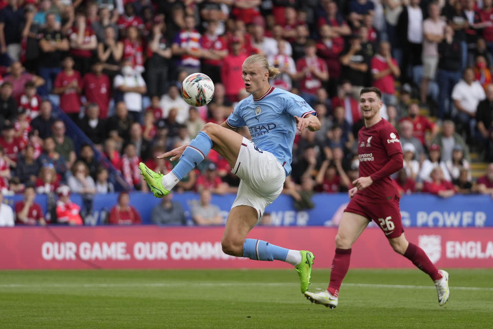 Manchester City's Erling Haaland controls the ball during the FA Community Shield soccer match between Liverpool and Manchester City at the King Power Stadium in Leicester, England, Saturday, July 30, 2022. (AP Photo/Frank Augstein)