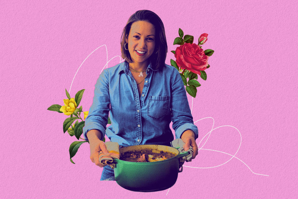 In a photo illustration, chef Adrienne Cheatham, standing in front of flowers, holds a hot cooking pot.