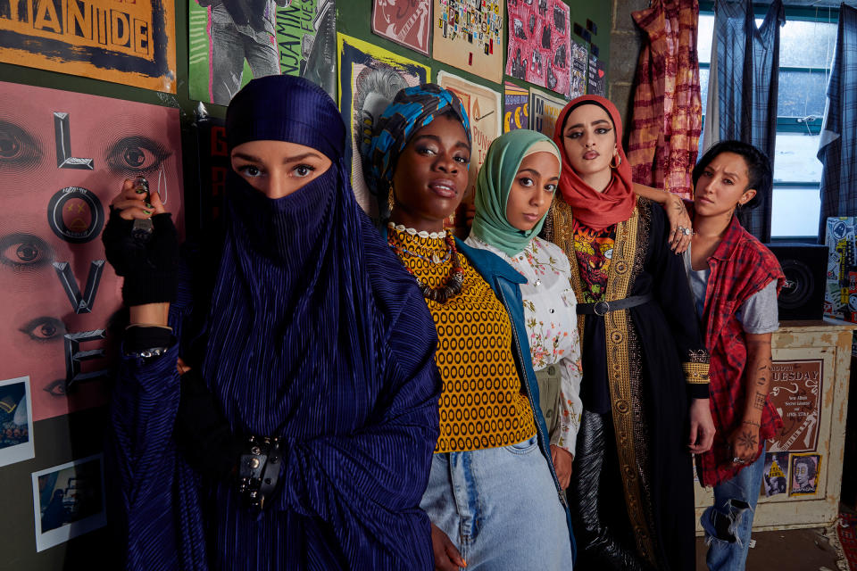 Lucie Shorthouse as Momtaz, Faith Omole as Bisma, Anjana Vasan as Amina, Juliette Motamed as Ayesha, Sarah Kameela Impey as Saira in "We Are Lady Parts."<span class="copyright">Laura Radford—Peacock</span>