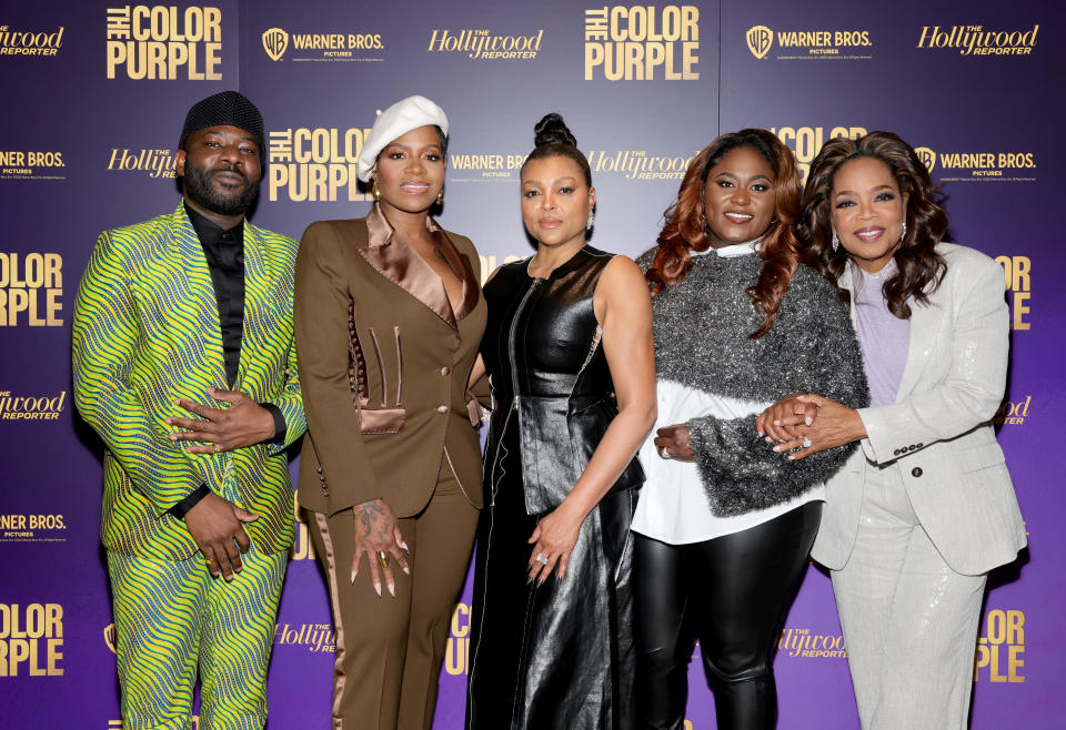 (L-R) Blitz Bazawule, Fantasia Barrino, Taraji P. Henson, Danielle Brooks, and Oprah Winfrey 