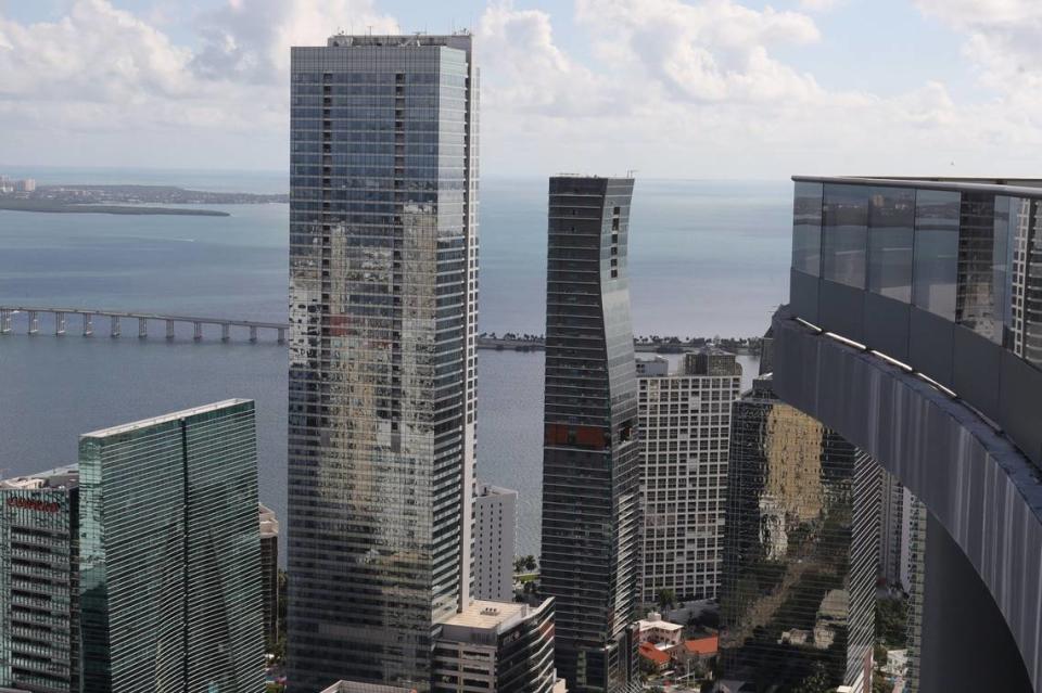 The arial view of Brickell financial district as seen from Miami tallest and latest skyscraper condo, the Brickell Flatiron, on November 7, 2019 in Miami, Florida.