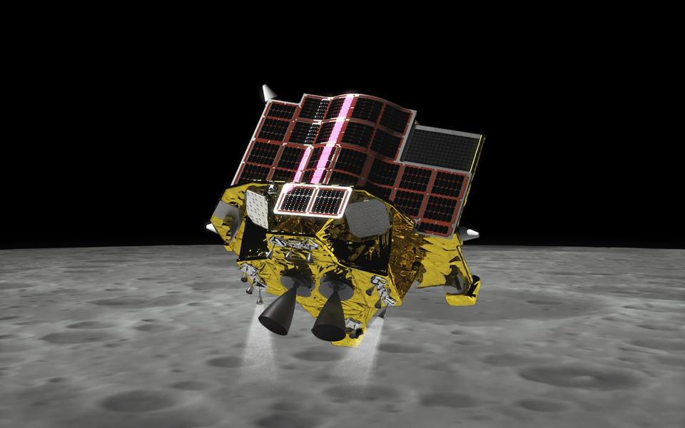 An artist's illustration of the SLIM spacecraft landing on the moon provided by the Japan Aerospace Exploration Agency (JAXA)