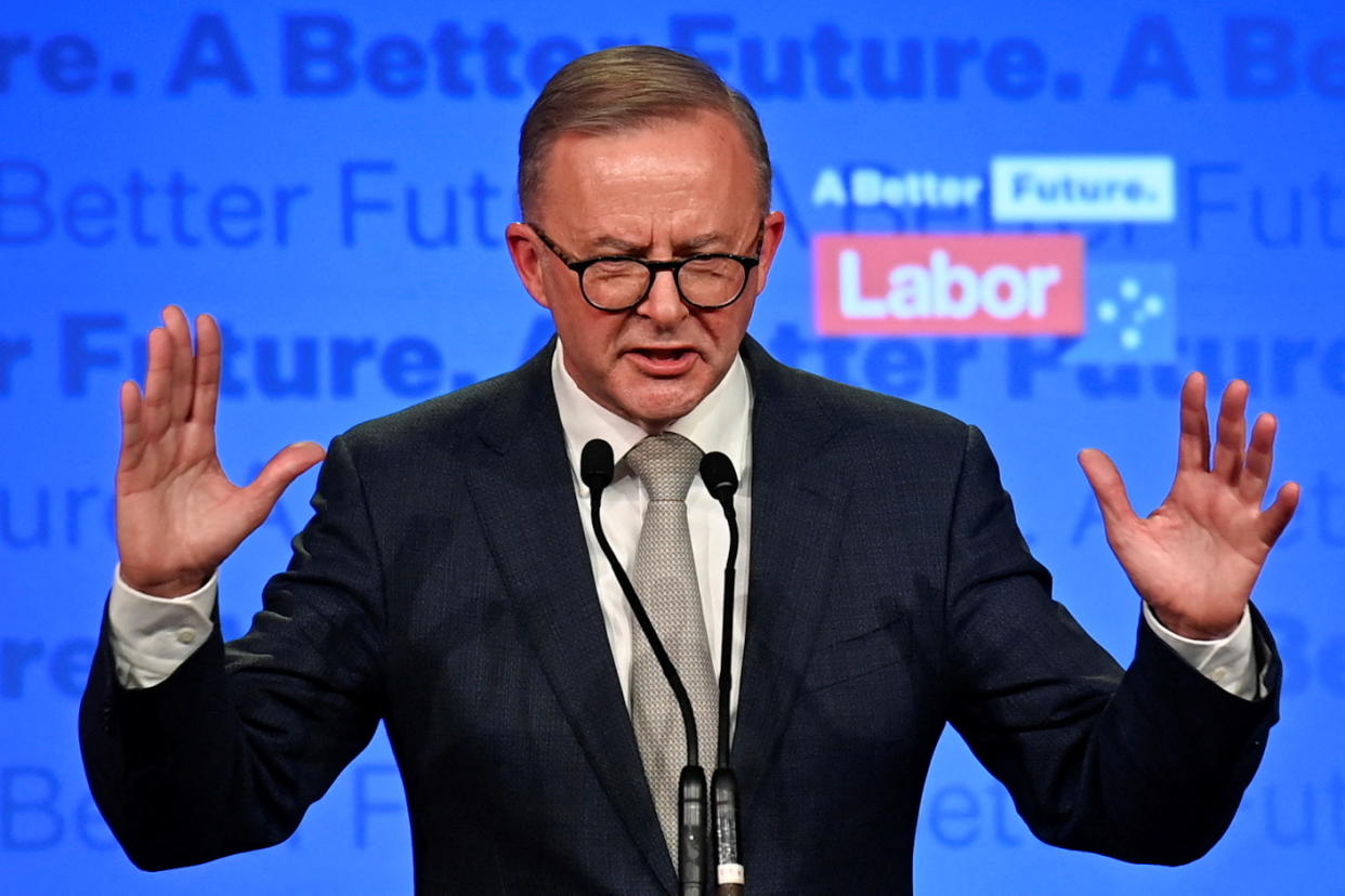 Anthony Albanese gestures during his 2022 election victory speech.