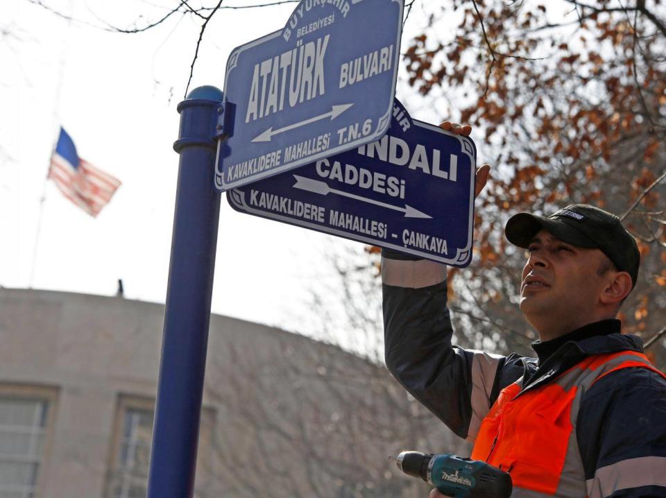 The Ankara Metropolitan Municipality decided to change the street name of the US embassy to ‘Olive Branch’, which is the name of Turkey’s military operation against US-backed YPG forces (EPA)