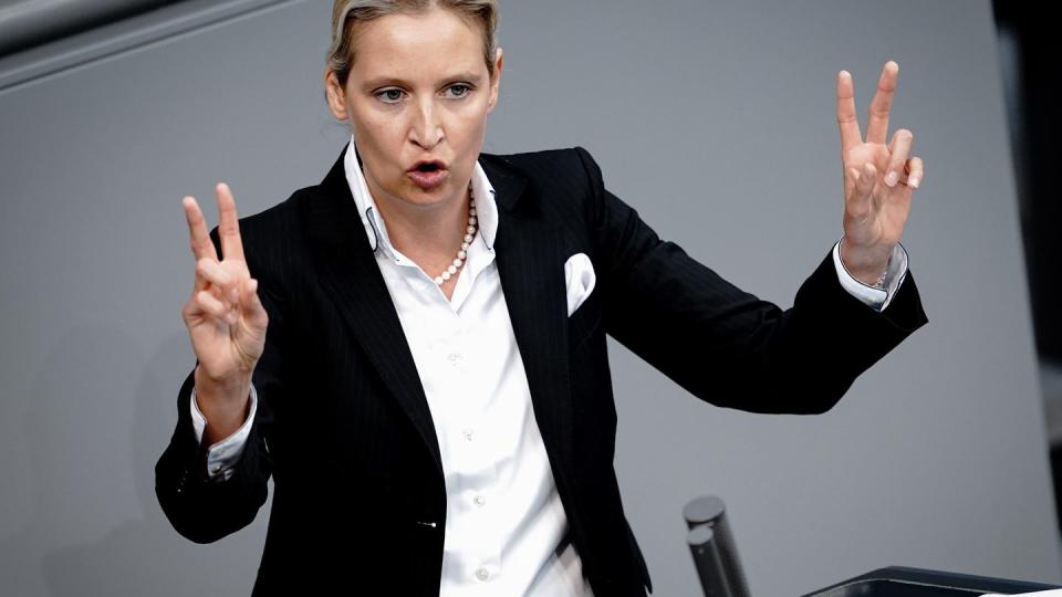 Alice Weidel, Fraktionsvorsitzende der AfD, spricht im Bundestag zu den Abgeordneten.