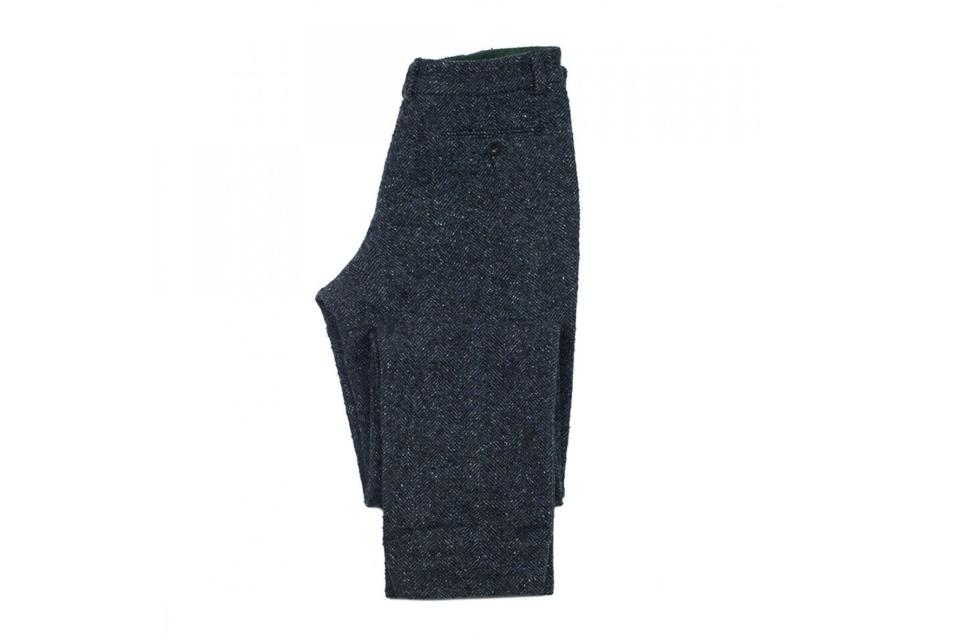Frank Leder black and blue donegal herringbone wool trousers