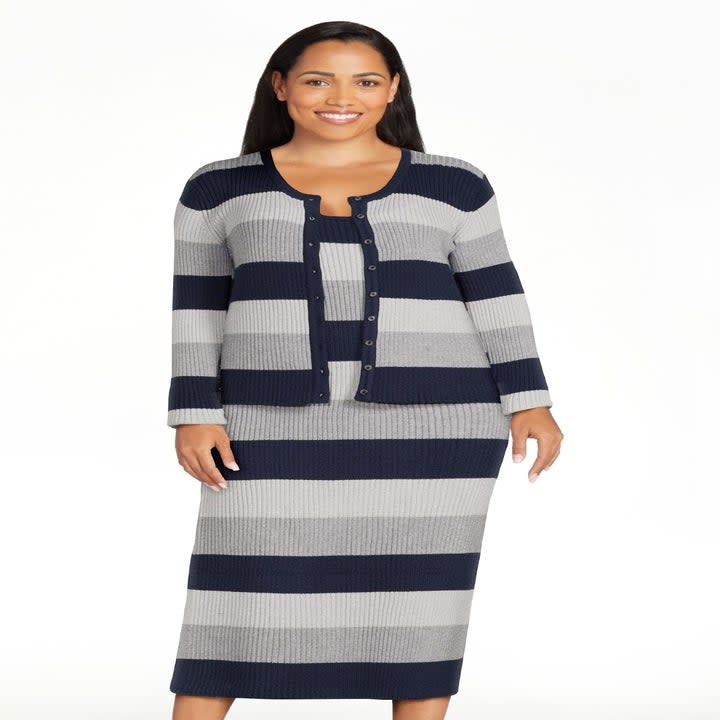 the two piece in grey and blue stripes on a model
