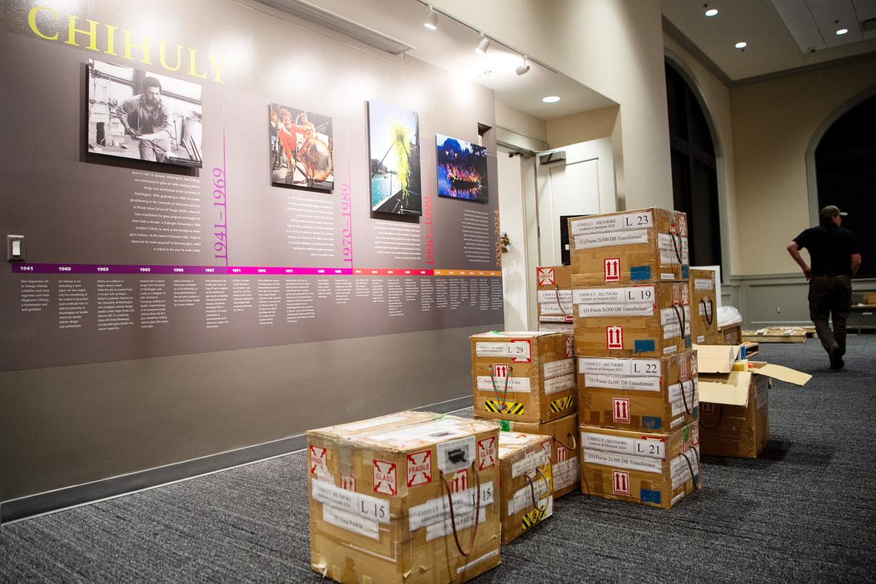 Boxes of artwork from Chihuly Studio are stacked in preparation for the exhibition at Amherst at Biltmore Estate, March 20, 2024.