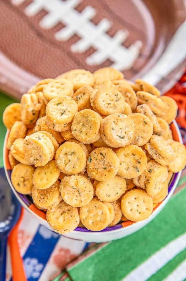 <p>Plain Chicken</p><p>Kids are such fans of anything ranch flavored, you know these will be a hit.</p><p><strong>Get the recipe: <a href="https://www.plainchicken.com/cheesy-ranch-crackers-football-friday/" rel="nofollow noopener" target="_blank" data-ylk="slk:Cheesy Ranch Crackers;elm:context_link;itc:0;sec:content-canvas" class="link ">Cheesy Ranch Crackers</a></strong></p><p><strong>Related: <a href="https://parade.com/1006151/brianneizzo/best-ranch-recipes/" rel="nofollow noopener" target="_blank" data-ylk="slk:14 Ranch Recipes For The Ranch-Obsessed;elm:context_link;itc:0;sec:content-canvas" class="link ">14 Ranch Recipes For The Ranch-Obsessed</a></strong></p>