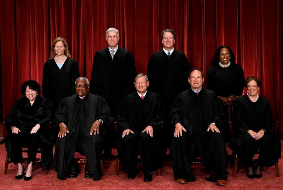 PHOTO: Justices of the Supreme Court pose for their official photo at the Supreme Court, Oct. 7, 2022.  (Olivier Douliery/AFP via Getty Images)