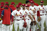 St. Louis Cardinals' Harrison Bader (48) celebrates with teammates following a 5-0 victory over the Colorado Rockies in a baseball game Friday, May 7, 2021, in St. Louis. (AP Photo/Jeff Roberson)